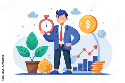 Man Holding Clock Next to Stacks of Coins, Financial investments money banking services, Simple and minimalist flat Vector Illustration