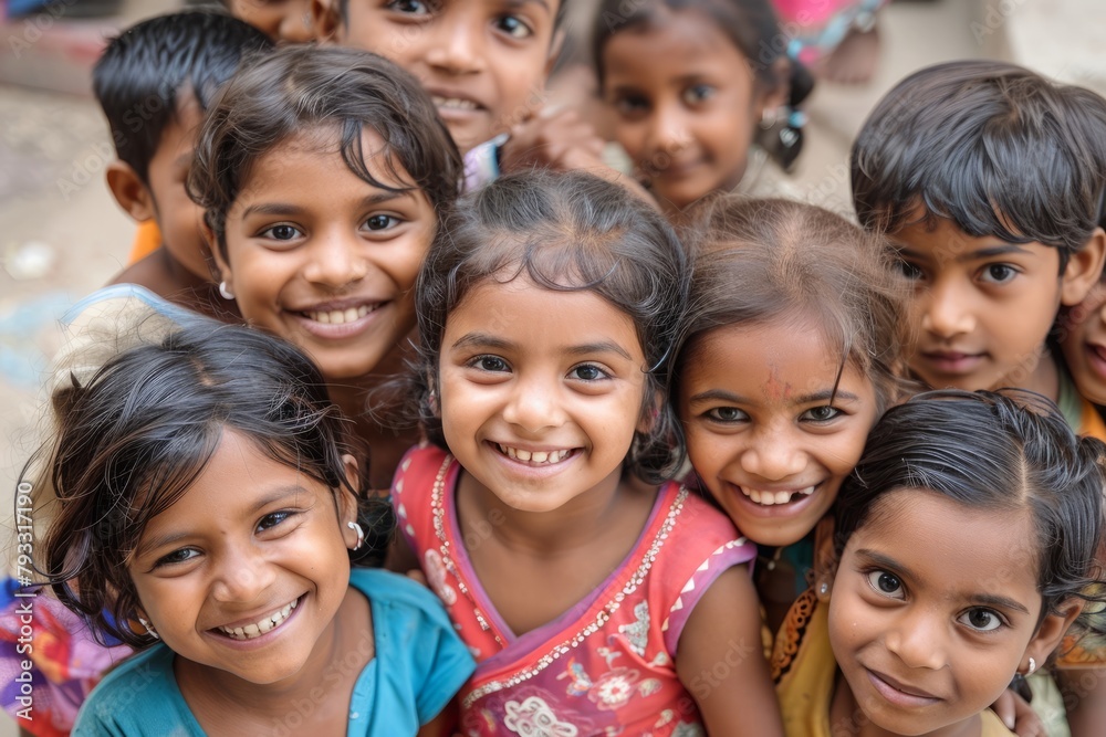 Group of happy indian kids smiling at the camera. Selective focus.