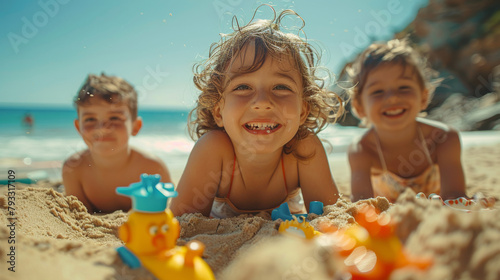Three joyful children playing with toys on a sunny beach with the ocean in the background.