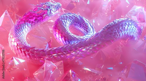 dragon snake on a pink background in the style of triangular crystals AI generated