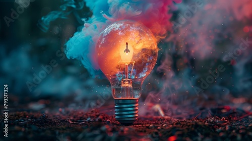 Colorful Smoke Surrounds a glowing light bulb with brightly dynamic colored smoke. 