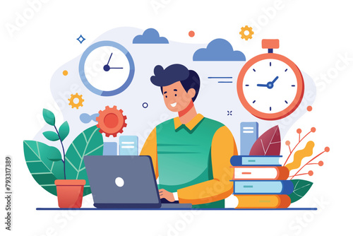 A man sitting in front of a laptop computer, typing and working, time management concept man working, Simple and minimalist flat Vector Illustration