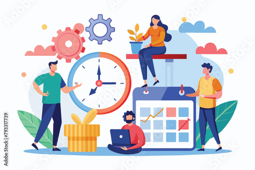 People sitting, discussing schedules and time management around a large clock, Time management people make schedule plans, Simple and minimalist flat Vector Illustration