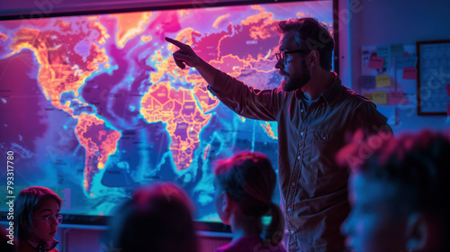 Teacher points to a world map during a captivating classroom session