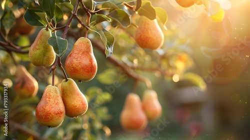 Close up macro photography of ripe pears on a tree branch with a lush garden background