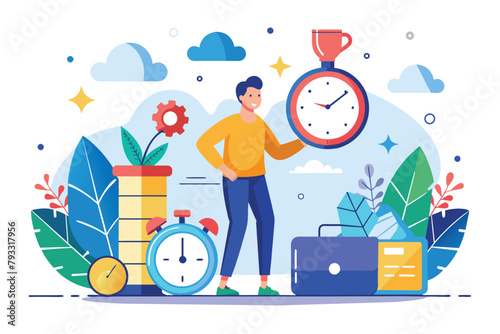 A man holding a large clock standing next to a stack of coins, symbolizing time management and financial planning, Time management, Simple and minimalist flat Vector Illustration