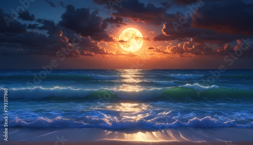 A beautiful beach scene with a large full moon rising over the ocean.