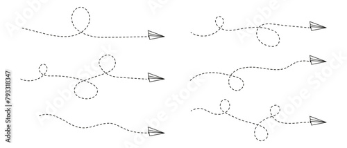 Set of paper plane icons with route dashed lines. Travel, journey or business trip concept. Message symbols. Delivery, destination or freedom signs isolated on white background. Vector illustration.
