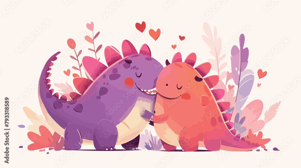 Vector lovely Dino couple walking together on white