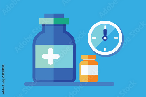 Medicine bottle placed next to a clock, indicating its time for medication, Time to take medicine, Simple and minimalist flat Vector Illustration