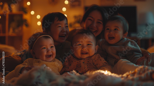 Happy multiethnic family with children laughing and enjoying time together indoors with warm lighting.