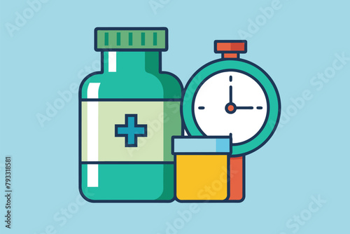 A bottle of medicine placed next to a clock, indicating the scheduled time for medication, Time to take medicine, Simple and minimalist flat Vector Illustration