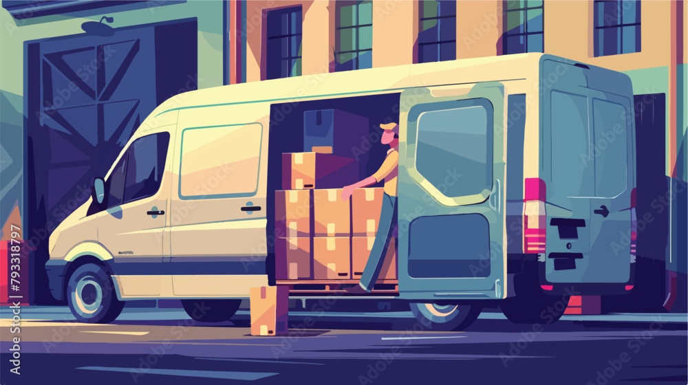 loads boxes in a cargo van. Vector flat style illustration