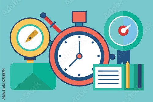 Clock, pen, and folder arranged on a blue surface in a minimalist setting, time to understand the rules, Simple and minimalist flat Vector Illustration