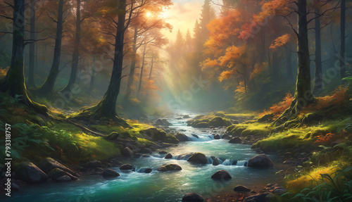 A forest with a stream running through it. The sun is shining brightly, illuminating the scene, and creating a beautiful atmosphere.