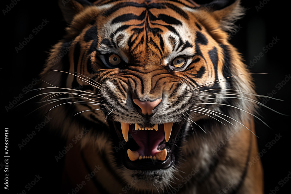 Close-up of an intimidating tiger showing fierce teeth and growling ...