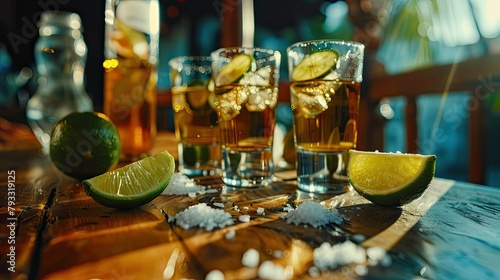 Tequila shots gleaming on a bar table accompanied by salt and lime embodying the essence of Mexico with its vibrant flavors and unmistakable charm photo