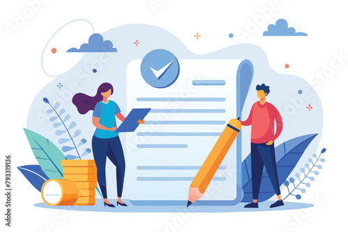 Two People Standing Next to Paper With Check Mark, Tiny people sign a document, financial business agreement, web contract, Simple and minimalist flat Vector Illustration