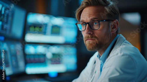 Healthcare professional in glasses focused on monitoring data in a high-tech workspace with screens.
