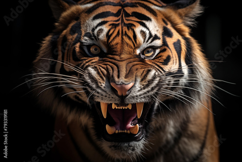 Close-up of an intimidating tiger showing fierce teeth and growling