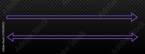 Long straight neon arrow and double arrow signs. Purple luminous direction or position sign and two sided pointer with soft blurry borders. Vector illustration.