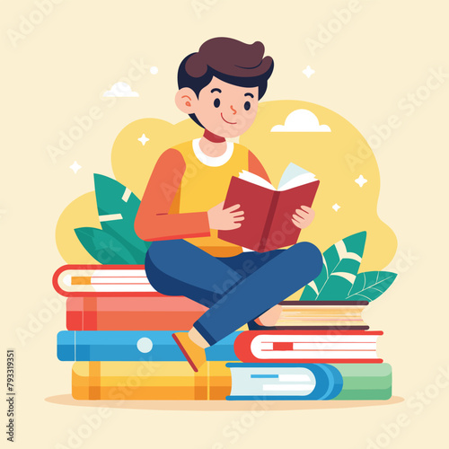A man sits on a large pile of books, absorbed in reading, Tiny student sitting on book pile and reading, glossary, Simple and minimalist flat Vector Illustration