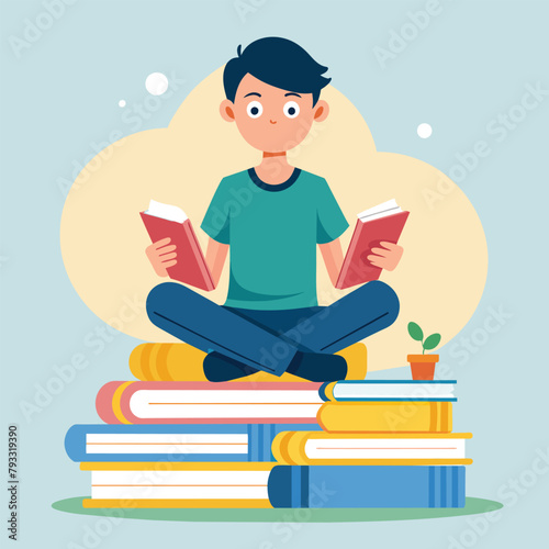 A man sitting on a stack of books, engrossed in reading, Tiny student sitting on book pile and reading, glossary, Simple and minimalist flat Vector Illustration