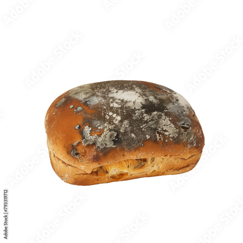 A solitary piece of burger bread covered in mold stands out against a transparent background photo