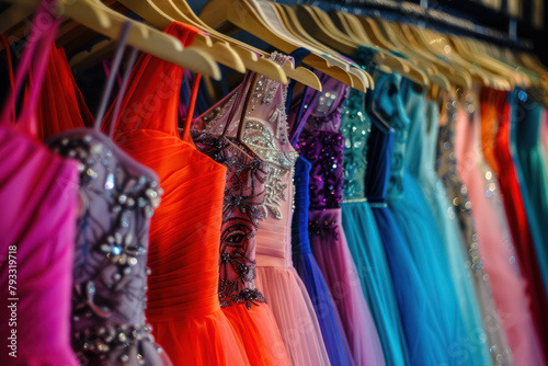colorful prom dresses in a row on display at a boutique