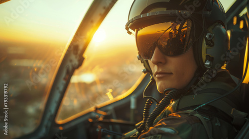 A helicopter pilot gazes forward while flying at sunset, with reflections in visor and warm light illuminating the cockpit. photo