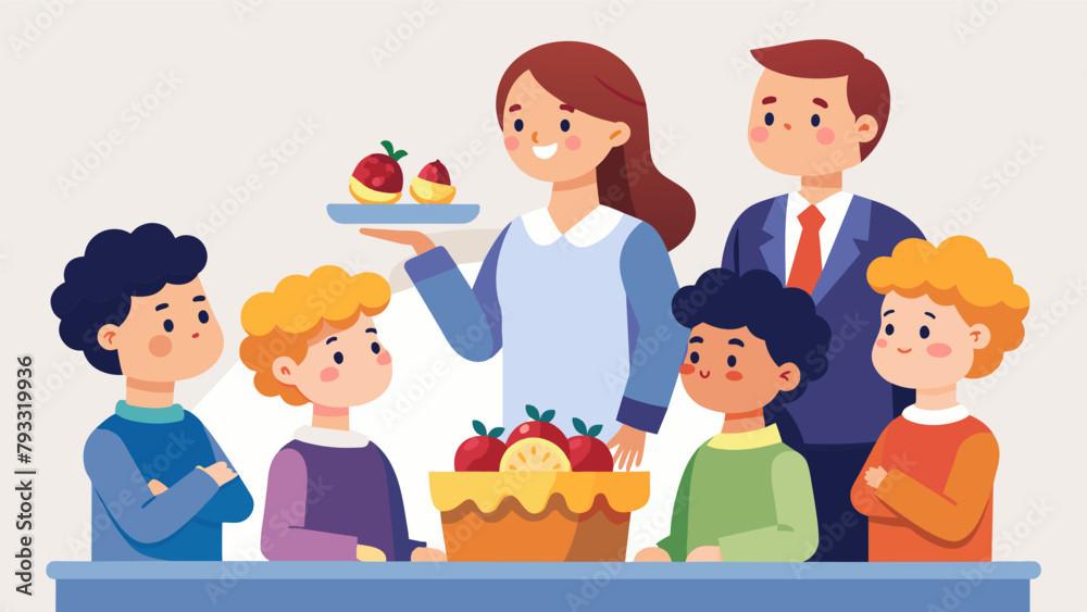 A group of judges discussing the taste and presentation of a mini fruit tart while a group of kids stand behind them eagerly waiting for the A group of judges discussing the taste and presentation of a mini fruit tart while a group of kids stand behind them eagerly waiting for the