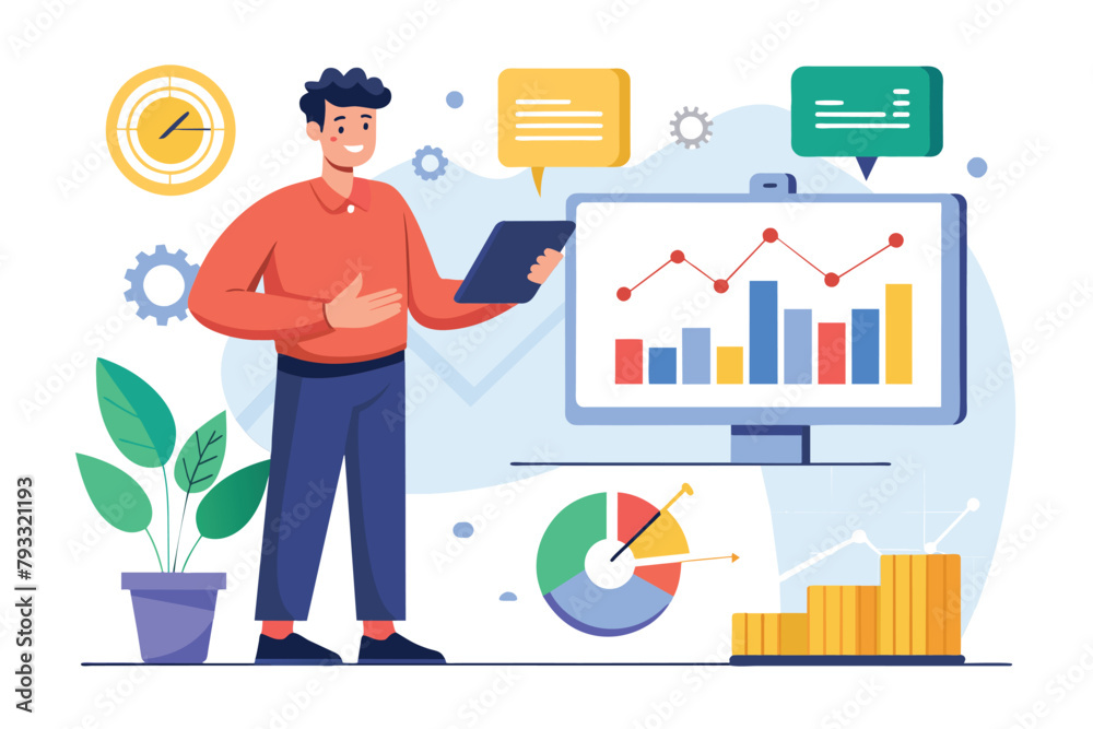 Man Analyzing Data on Computer Screen, Trading analyst data presentation trending, Simple and minimalist flat Vector Illustration Man Analyzing Data on Computer Screen, Trading analyst data presentation trending, Simple and minimalist flat Vector Illustration