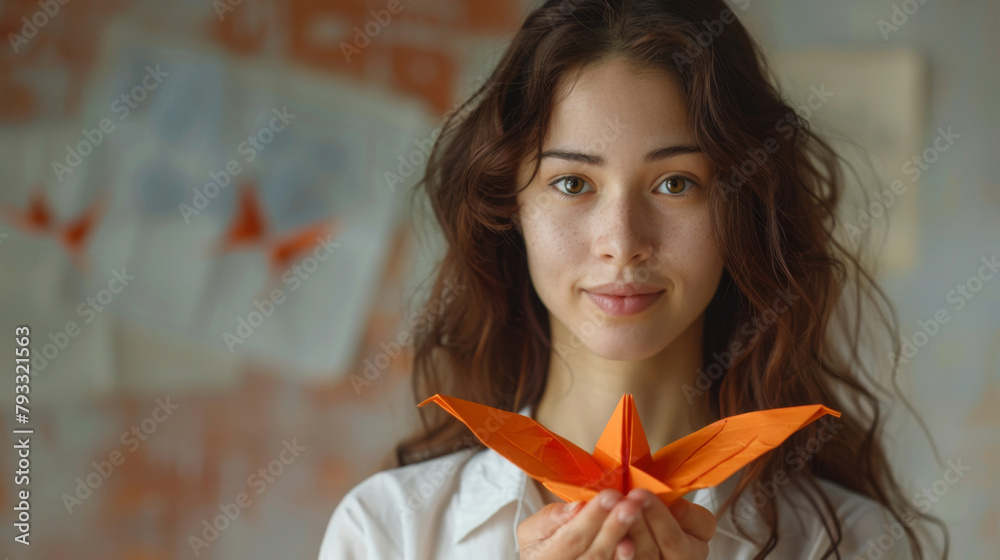 A woman holding an orange origami bird with more origami in the background. A woman holding an orange origami bird with more origami in the background.
