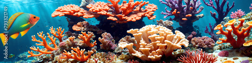 Horizontal banner with ocean reef with colorful corals, tropical fish and sunlight streaming through the sea water. Underwater world beauty illustration. 