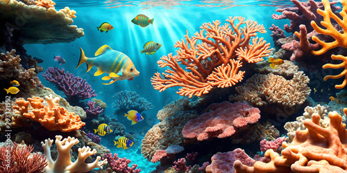 Illustration of underwater world with colorful corals, tropical fish and sunlight streaming through the sea water. Beauty of the coral reef.
