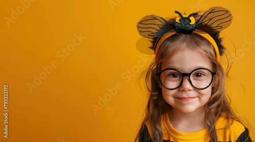 cheerful young girl with bee costume and glasses on yellow background, copy space for text  photo