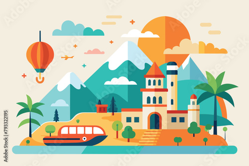 A vibrant illustration of a castle with a boat in front, showcasing bright colors and intricate details, travel, Simple and minimalist flat Vector Illustration