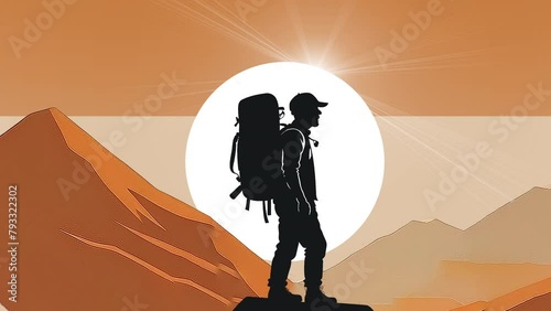 A solitary climber stands out in an animated illustration against a warm background, symbolizing new horizons and experiences, embodying the concept of inspiration and aspiration photo
