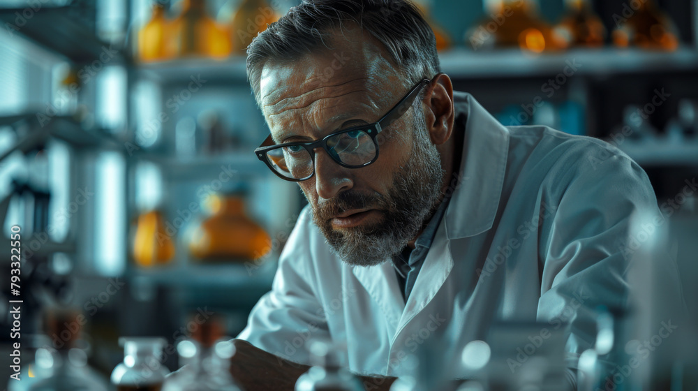Focused immunologist in lab glasses researching in a laboratory with vials and equipment. Focused immunologist in lab glasses researching in a laboratory with vials and equipment.