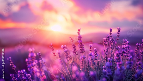 Beautiful landscape of blooming lavender field with mountains in the background.