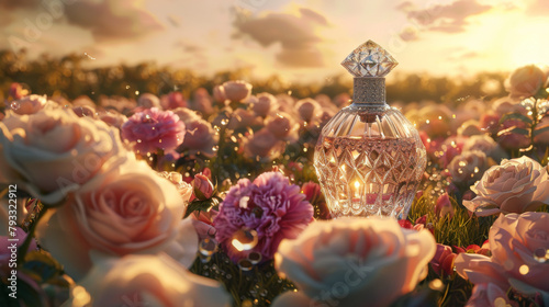 a luxurious perfume bottle with diamond encrustations standing prominently in the center of a field of realistic roses and peonies photo