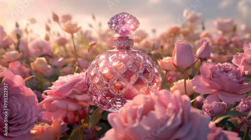 a luxurious perfume bottle with diamond encrustations standing prominently in the center of a field of realistic roses and peonies photo