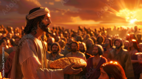 Jesus Christ performing the miracle of the loaves and fishes high detail on the bread and fish textures photo