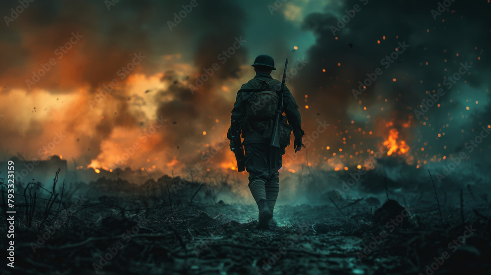 Infantryman walking through a fiery battlefield, smoke and explosions in background, cinematic atmosphere