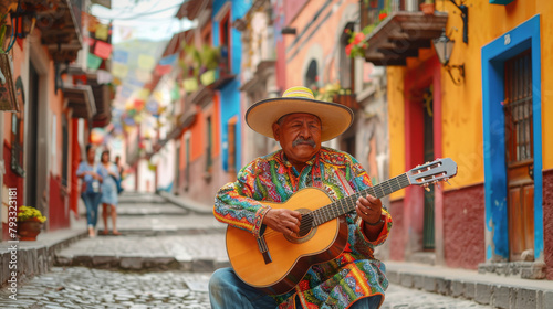Authentic image of a musician in a traditional Mexican outfit serenading with a guitar on a cobblestone street