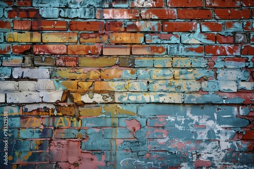 Rustic brick wall with colorful grungy paint