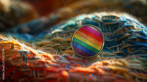 High-resolution image of a lapel pin with the LGBTQ+ rainbow colors silver trim shining