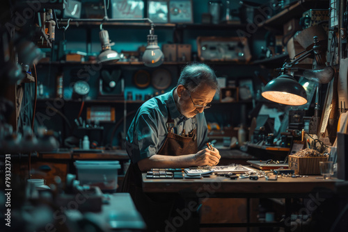 A jeweler works meticulously at his bench in a dimly lit workshop  surrounded by tools.
