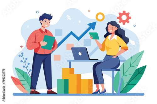 Business partners sitting at table with laptop, engrossed in analyzing business strategy, two business people analyzing business strategy growth, Simple and minimalist flat Vector Illustration