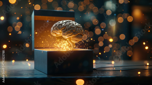 Illuminated Brain Concept with Sparkles in a Box photo